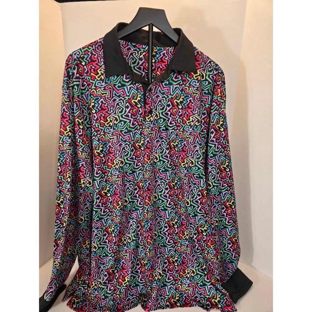 DEOLAX Abstract Pattern‎ Button Down Top Long Sleeve Colorful Funky Golf Shirt